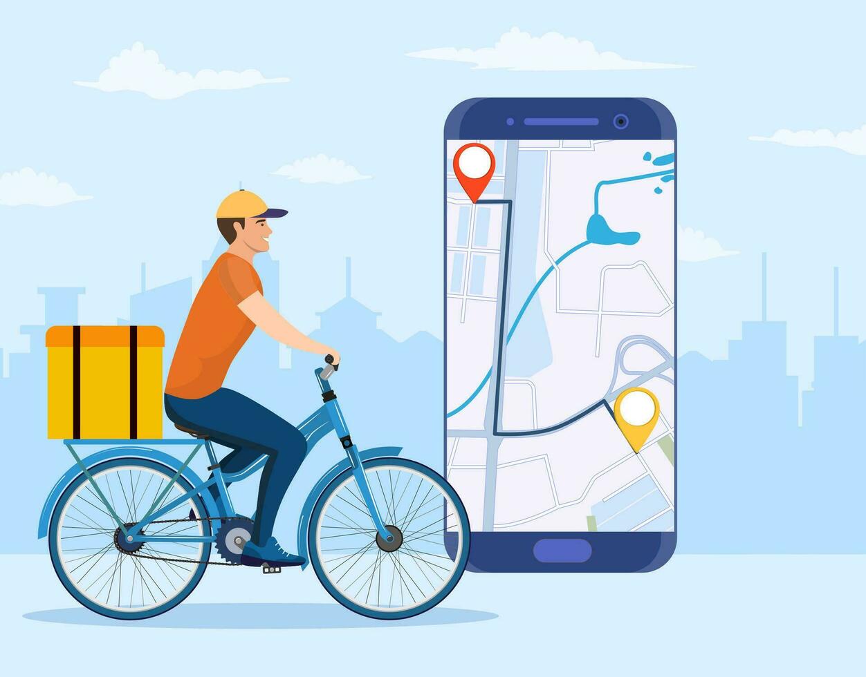 Online delivery service concept, online order tracking, delivery home and office. bicycle courier. Online pizza order. goods shipping, food online ordering. Vector illustration in flat style