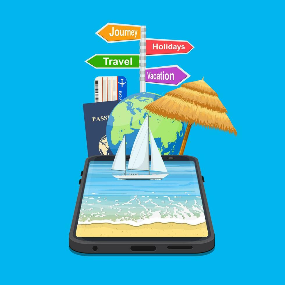 Booking travel through your mobile device. The boat drifting on the phone screen. Suitable For Wallpaper, Banner. signpost vacation, travel, journey, holidays. Vector illustration in flat style