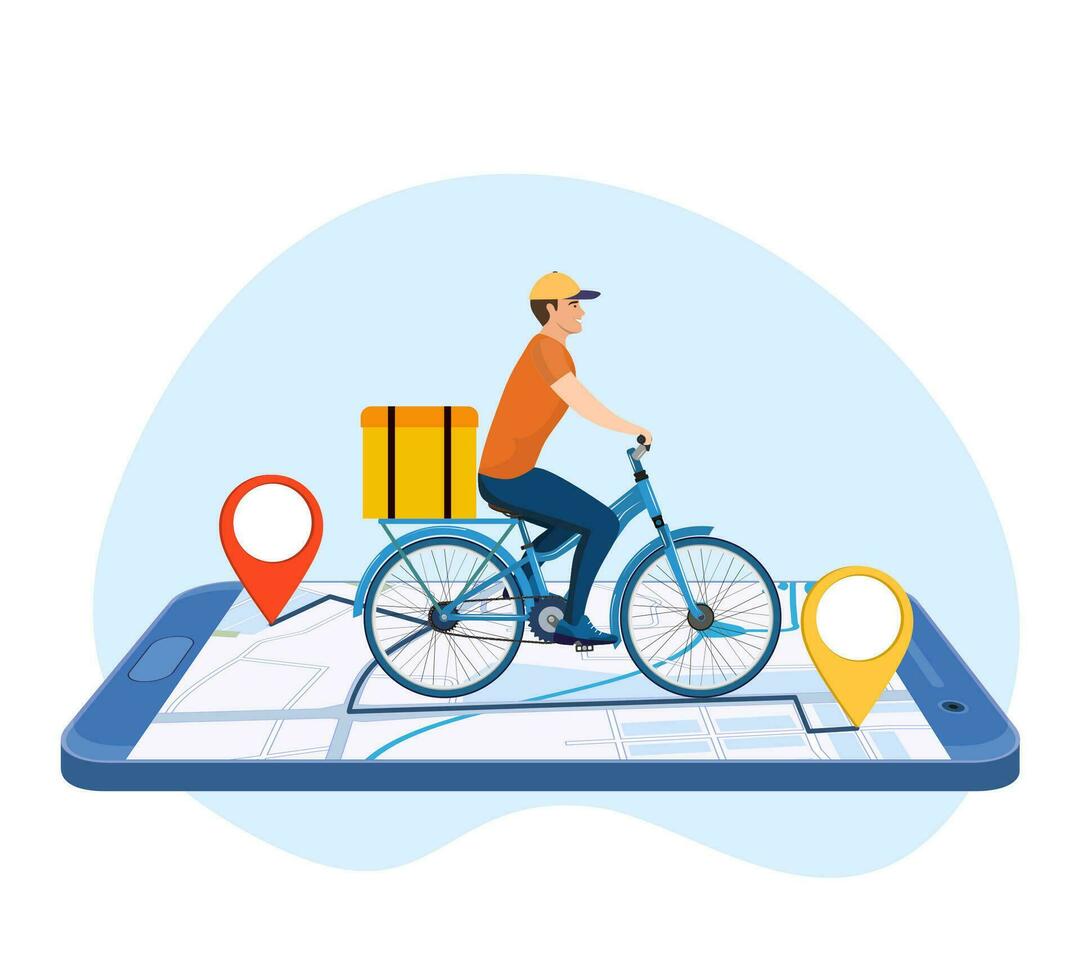 Online delivery service concept, online order tracking, delivery home and office. bicycle courier. Isometric concept, goods shipping, food online ordering. Vector illustration in flat style