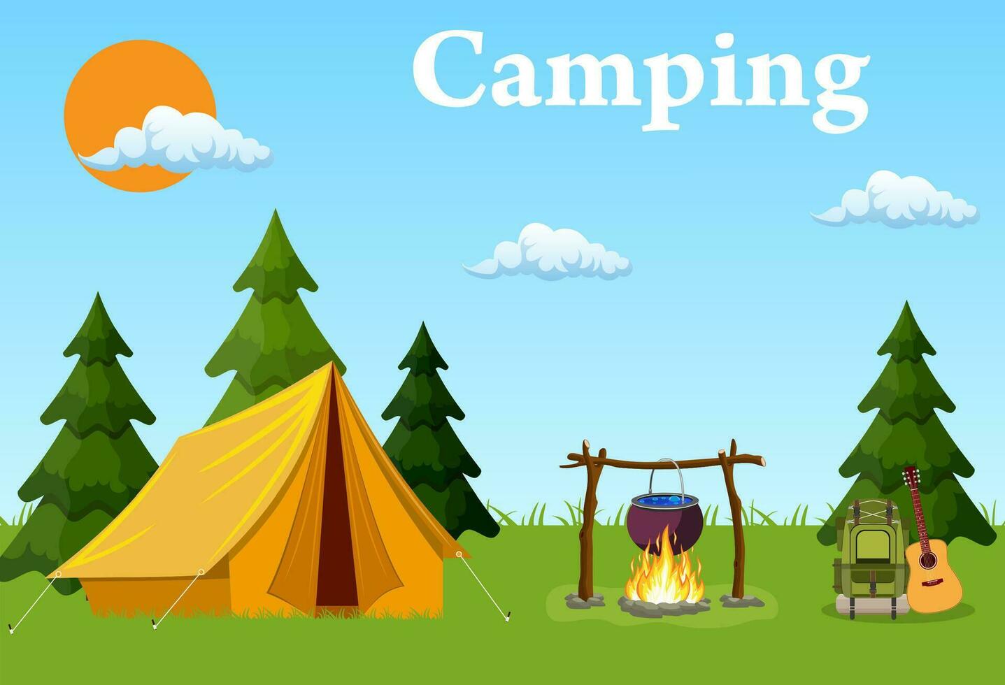 tent, campfire, forest and water. Background for summer camp, nature tourism, camping design concept. Vector illustration in flat style