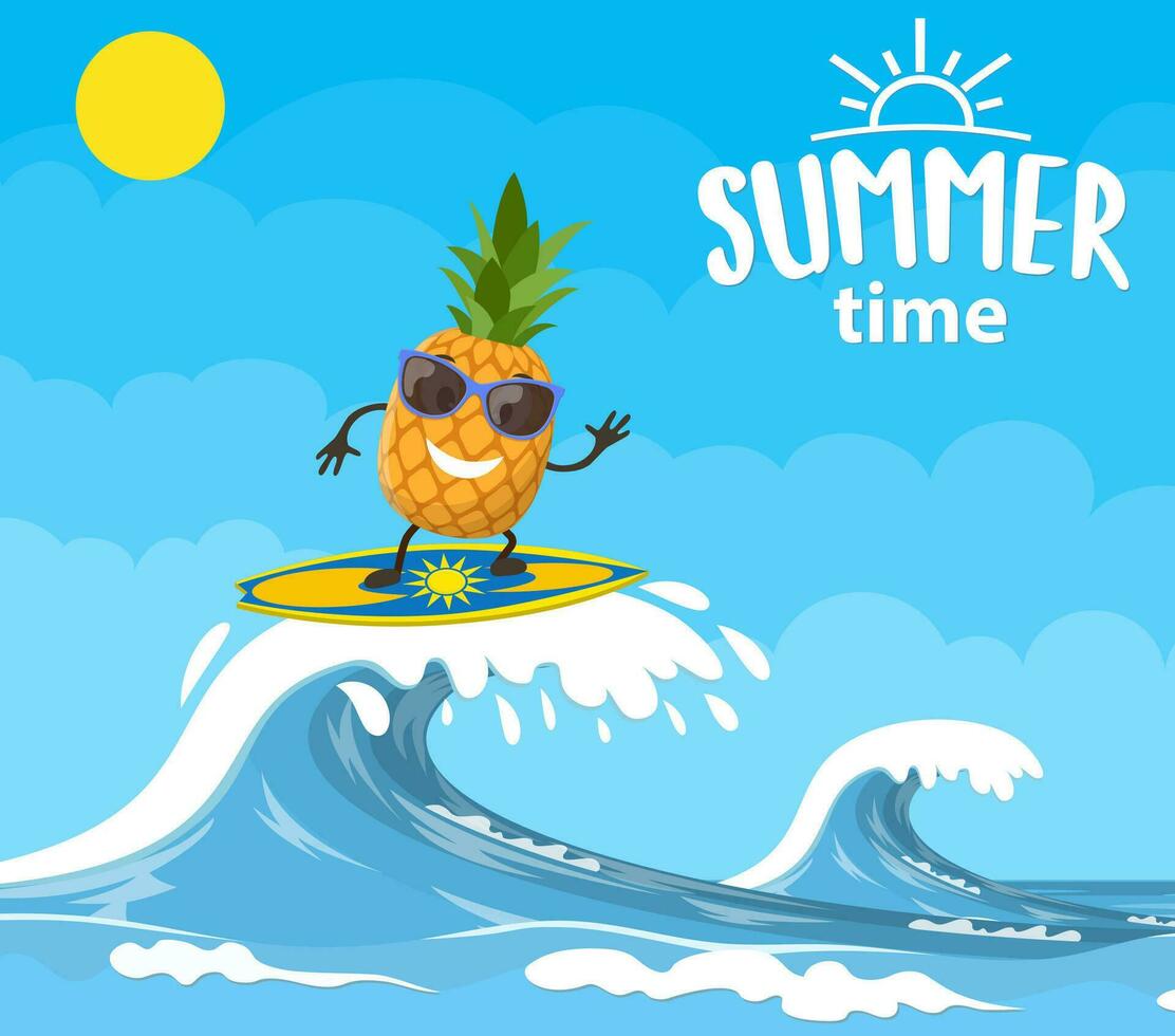 pineapple characters surfing on wave. Holidays on the sea. Beach activities. Summer time. Vector illustration in flat style