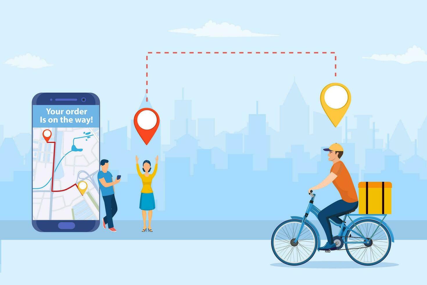 online delivery service concept. men order food via smartphone. delivery home and office. bicycle courier. template, mobile app, poster, banner. Vector illustration in flat style