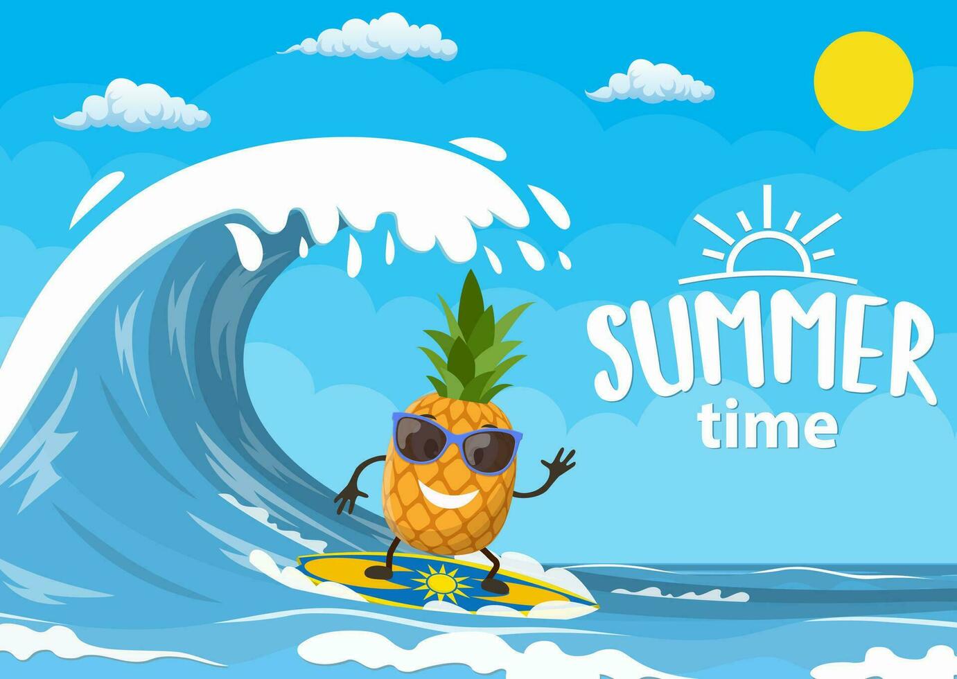 pineapple characters surfing on wave. Holidays on the sea. Beach activities. Summer time. Vector illustration in flat style