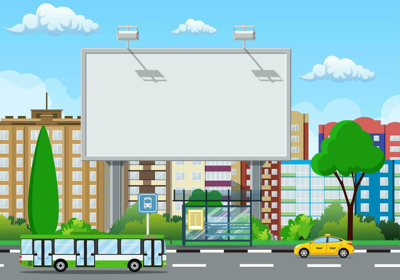 vacío urbano grande tablero o cartelera con lámpara. blanco Bosquejo. márketing y anuncio publicitario. paisaje urbano antecedentes con edificios, cielo y nubes vector ilustración en plano estilo