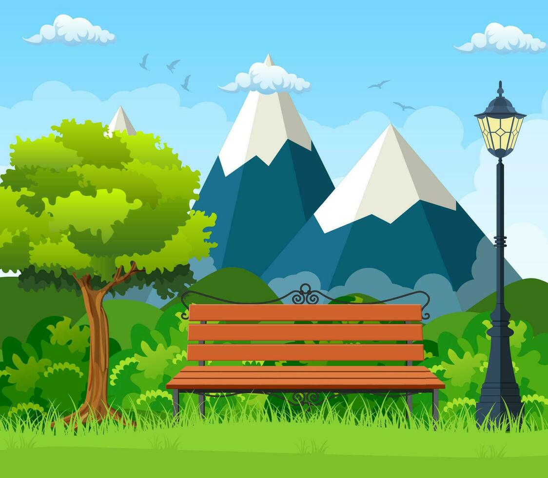 verano, primavera día parque. de madera banco, calle lámpara en parque , arbustos y montañas en el antecedentes. vector ilustración en plano estilo