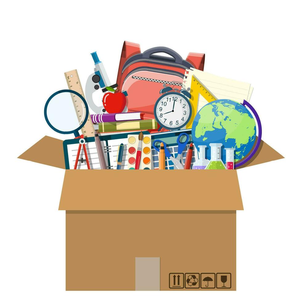 School items in cardboard box. vector