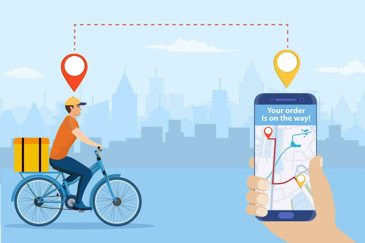 Online delivery service concept, online order tracking, delivery home and office. bicycle courier. Online pizza order. goods shipping, food online ordering. Vector illustration in flat style