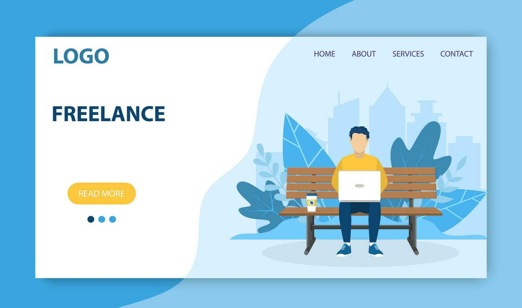 Freelance work landing page template. Concept design for poster, banner, flyer, web page. man with laptop sitting on the bench in nature. Vector illustration in flat style