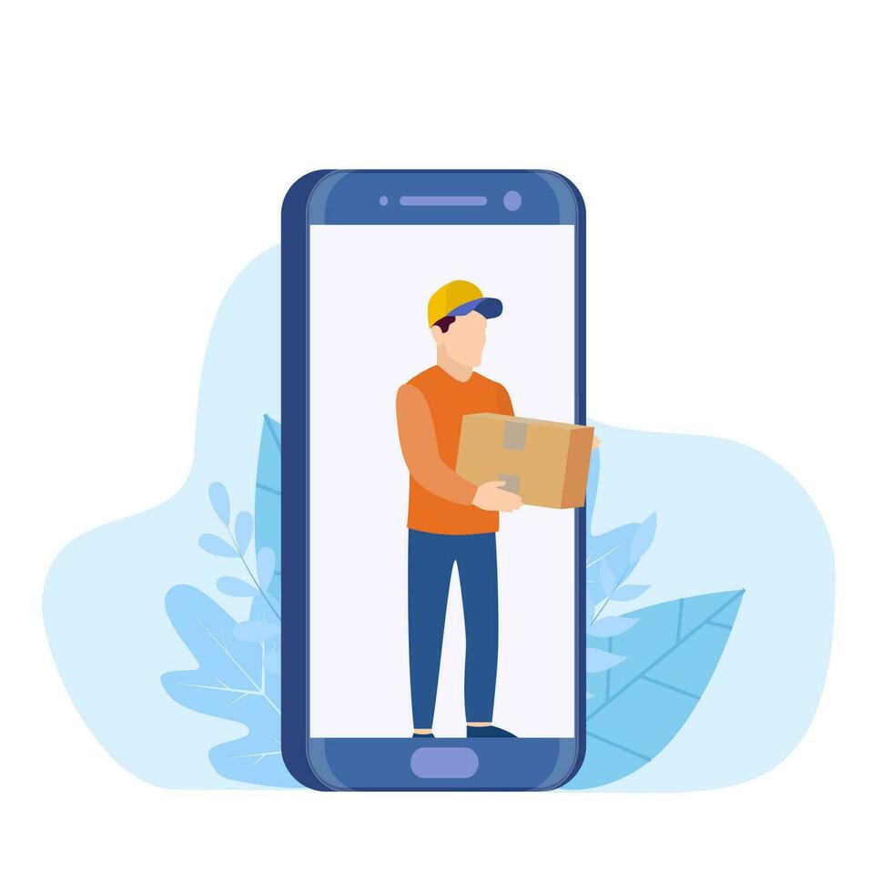 Delivery service concept. Free delivery, online buy. Courier with a box comes through smartphone screen. Express delivery app concept. Vector illustration in flat style