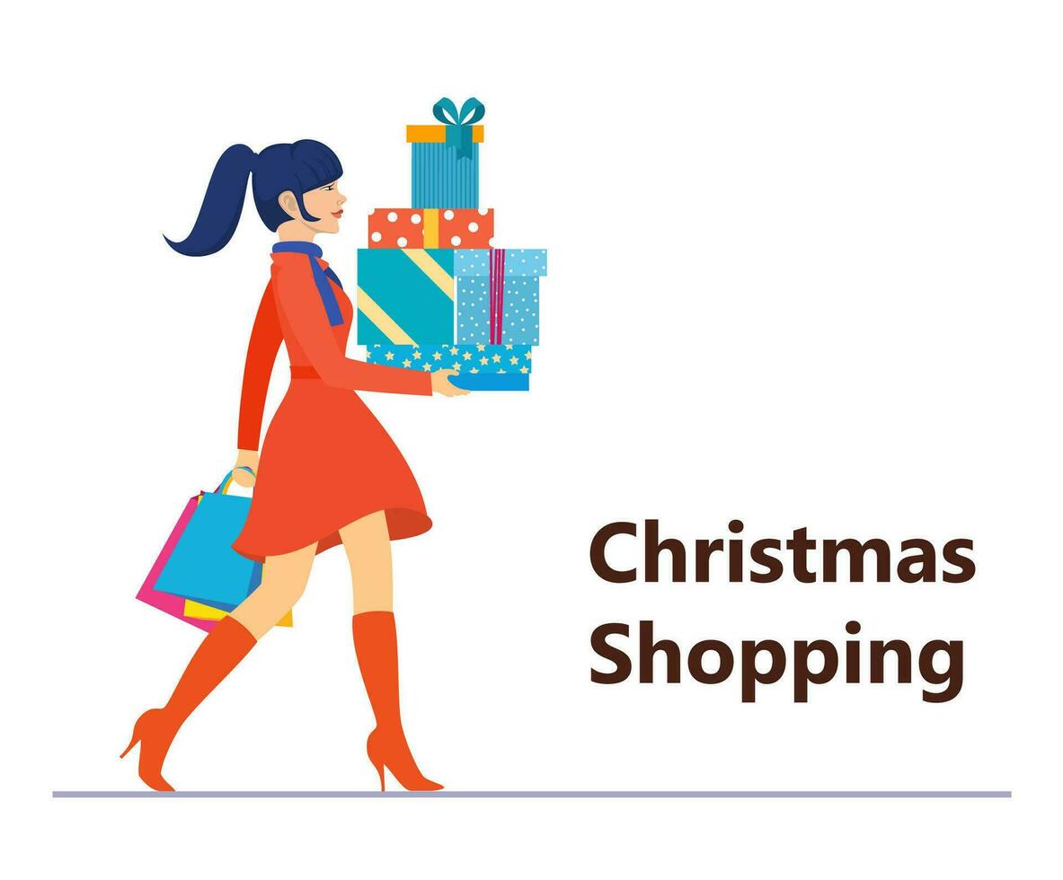 mujer con compras pantalones caminando. alegre Navidad venta. vector ilustración en plano estilo.
