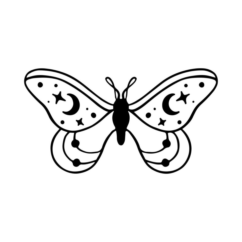 Celestial Butterfly Doodle Illustration. Hand Drawn Beautiful Line Art Butterfly Tattoo. This boho butterfly  are good for design of mystical project, card and poster making, decoration clothes, etc vector