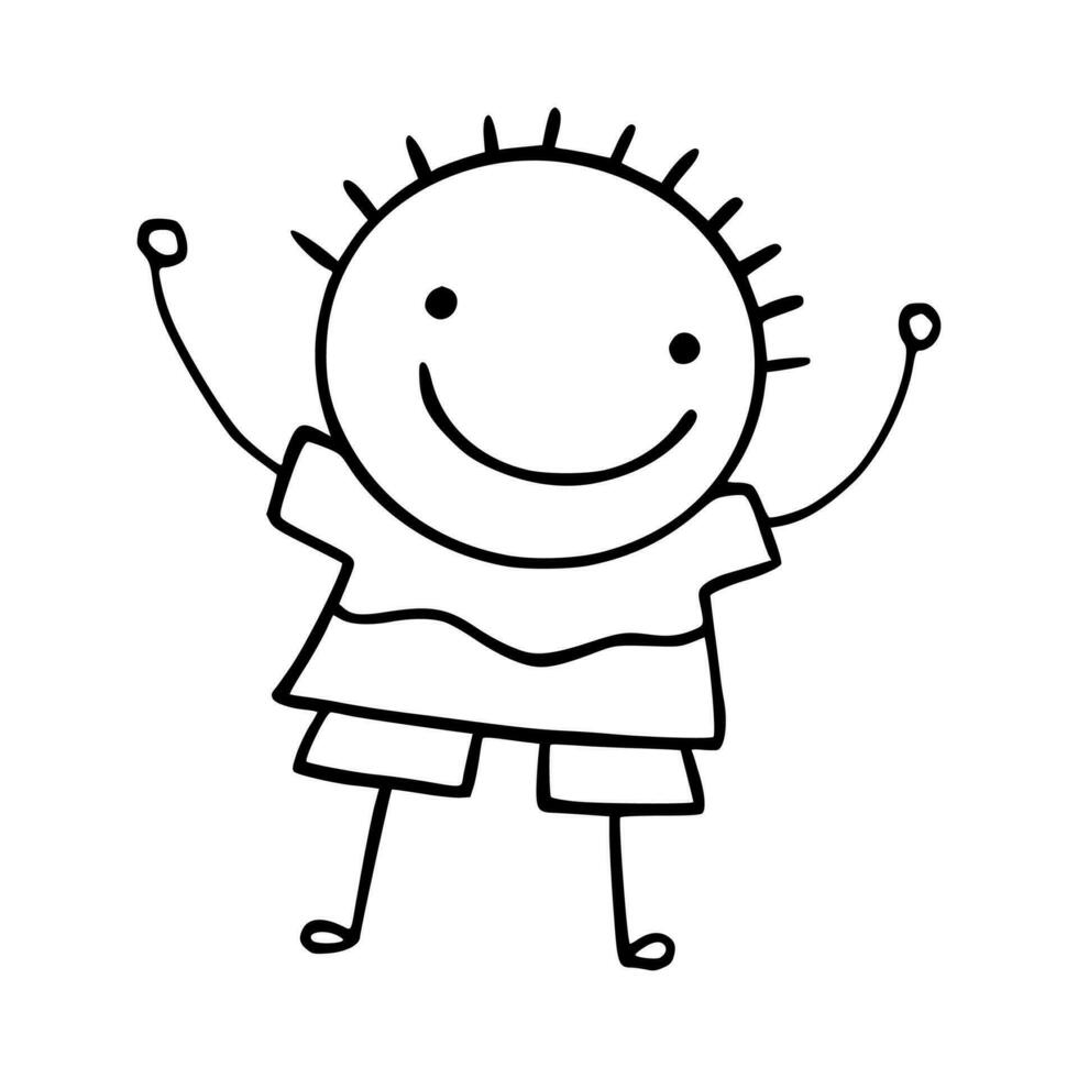 Hand-Drawn Line Art Cartoon of Happy Kids. Children Illustration. vector