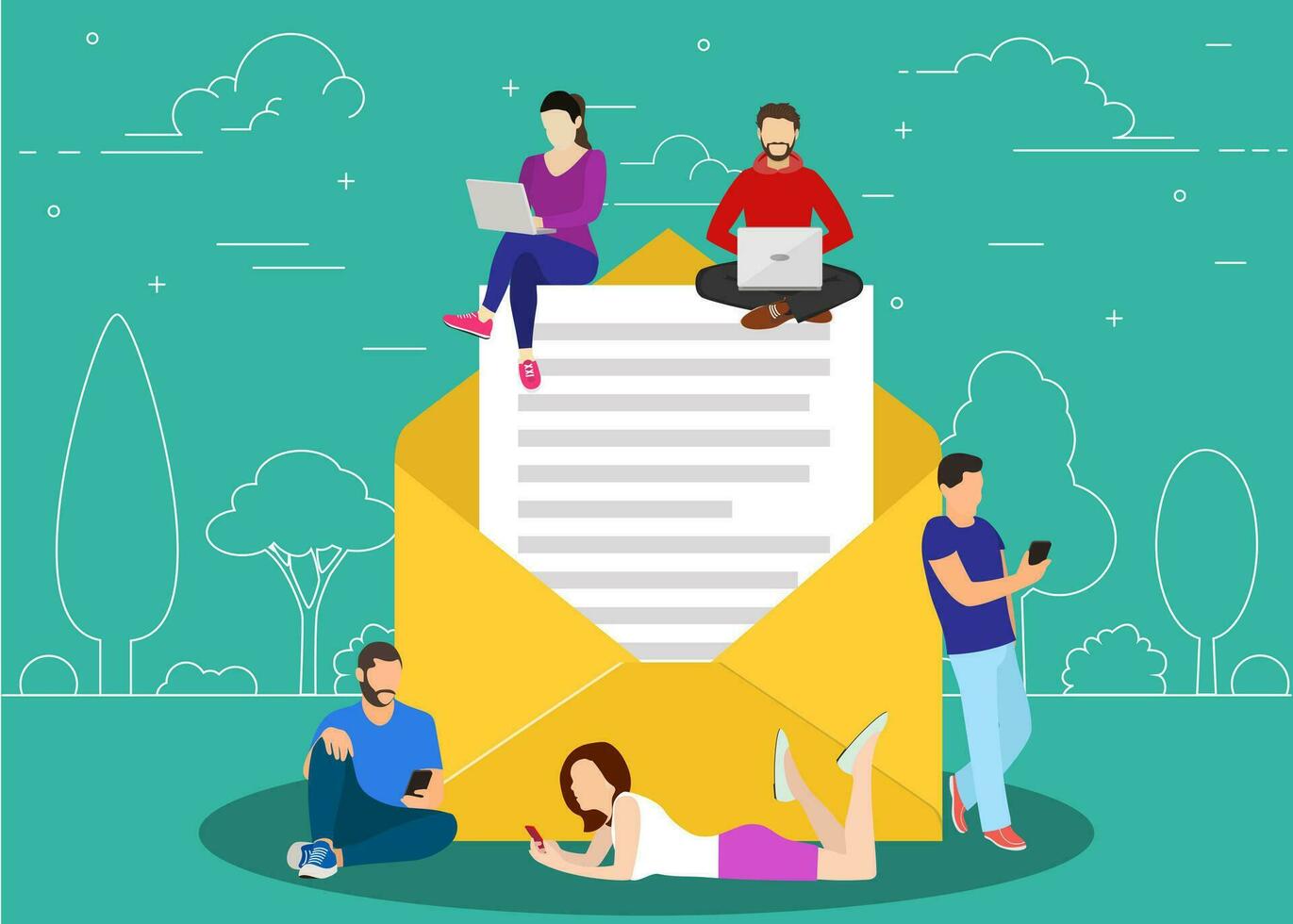 Symbol newsletter concept. people using mobile gadgets such as tablet pc and smartphone for e mails and newsletter. Vector illustration in flat style