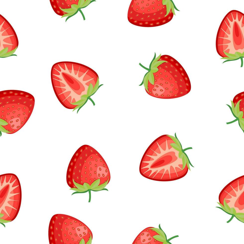 Berries fruit strawberry with leaves seamless pattern for textile prints, cards, design. Vector illustration in flat style