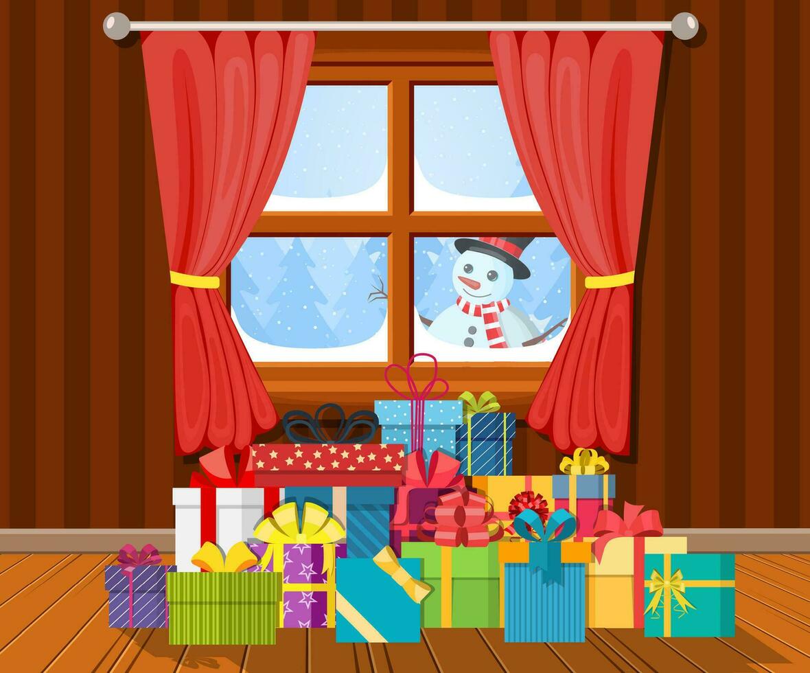 Snowman looks in living room window. vector