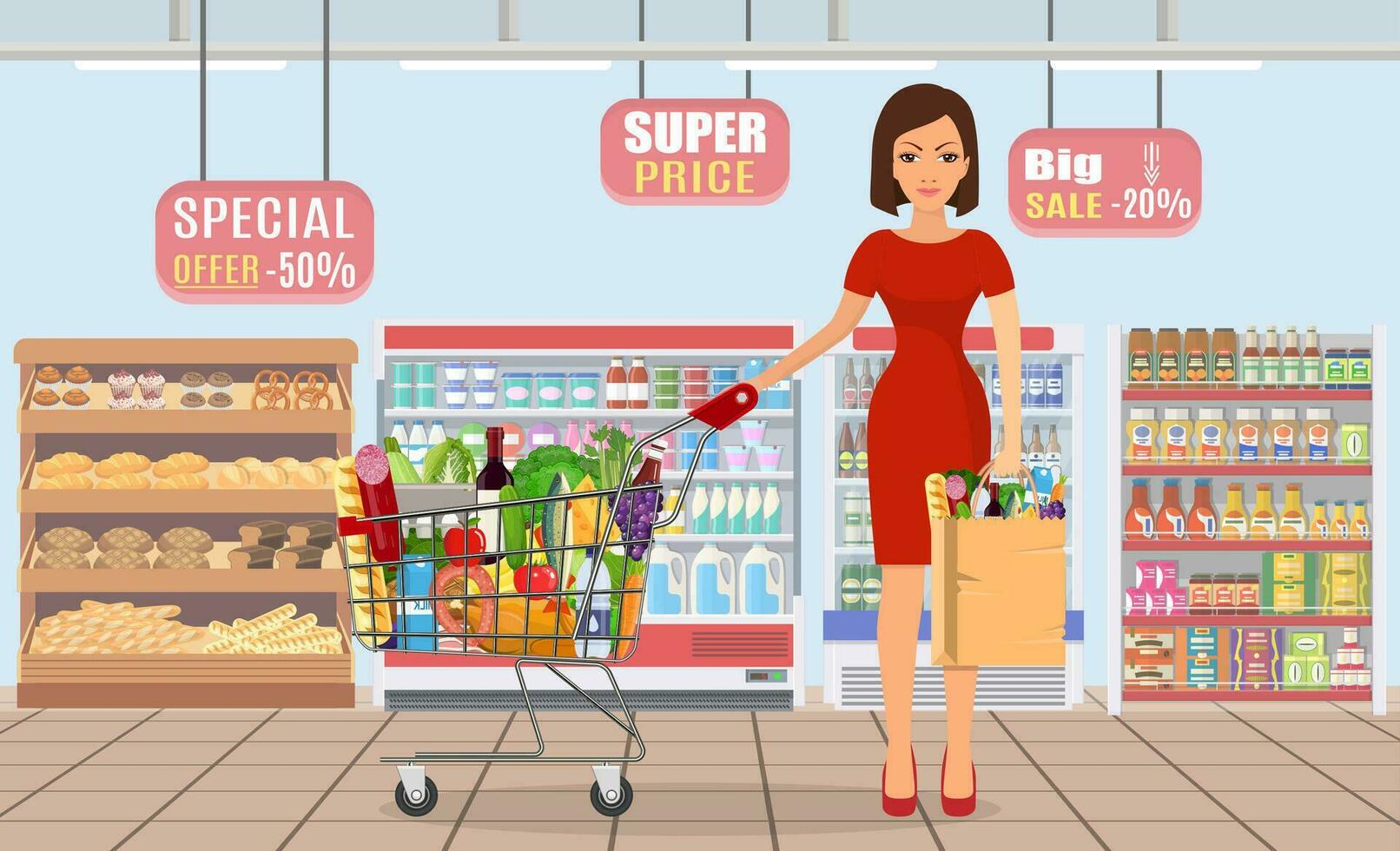 mujer compras en supermercado. compras carro. mujer sostener tienda de comestibles papel compras bolso con alimento. vector ilustración en plano estilo