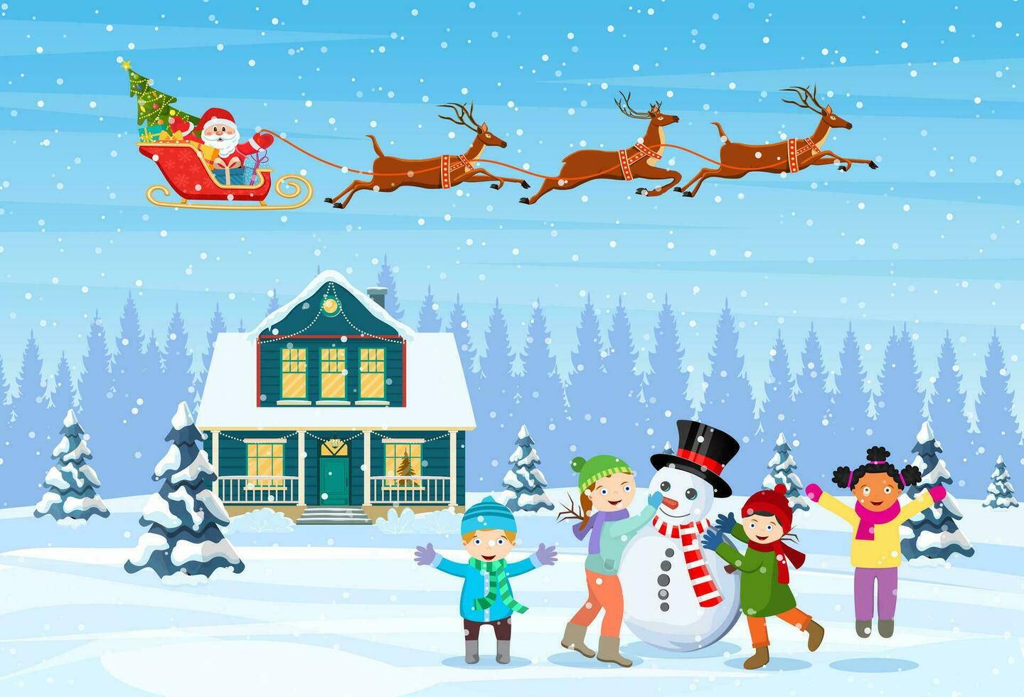 contento nuevo año y alegre Navidad saludo tarjeta. Navidad paisaje. niños edificio muñeco de nieve. invierno vacaciones. Papa Noel claus con ciervos en cielo. vector ilustración en plano estilo