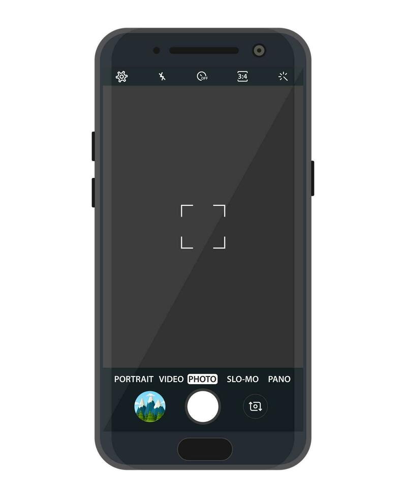 Modern smartphone with camera application. User interface of camera viewfinder. Focusing screen in recording time. Vector illustration flat style