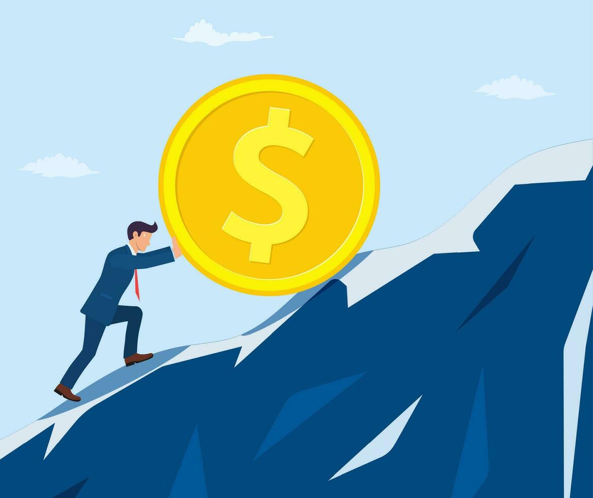 businessman pushing big coin up hill,Growth, income, savings, investment. Symbol of wealth. Business success. Vector illustration in flat style.