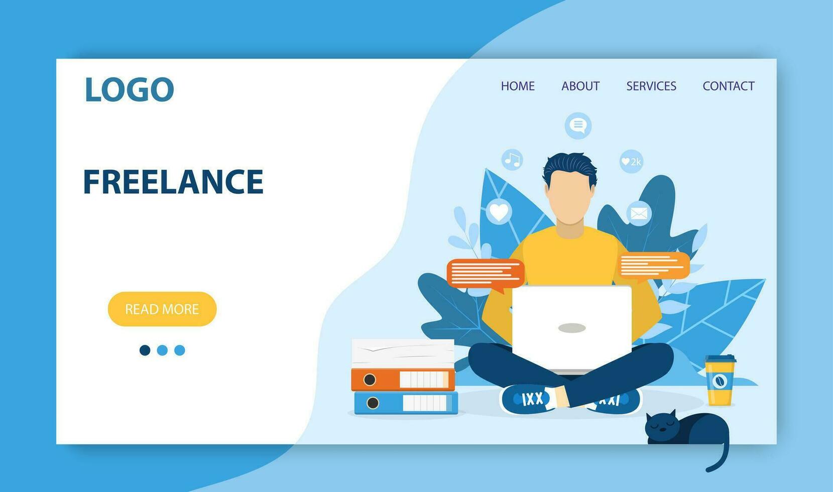 Freelance work landing page template. Concept design for poster, banner, flyer, web page. man with laptop sitting in nature with crossed legs. Vector illustration in flat style