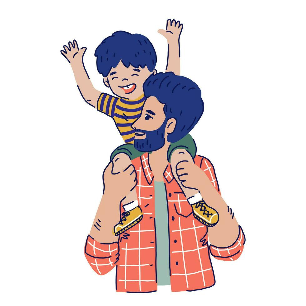 Father and son family portrait. Child sitting on his fathers shoulders.Happy Fathers day postcard. Vector illustration in flat style