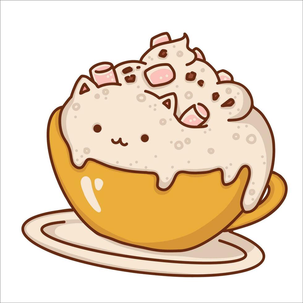 kawaii gato capuchino café mascota.dibujos animados vector icono ilustración.animal y comida icono concepto aislado en blanco fondo.plano dibujos animados estilo clipart para pegatina, tarjeta, camiseta diseño, café logo