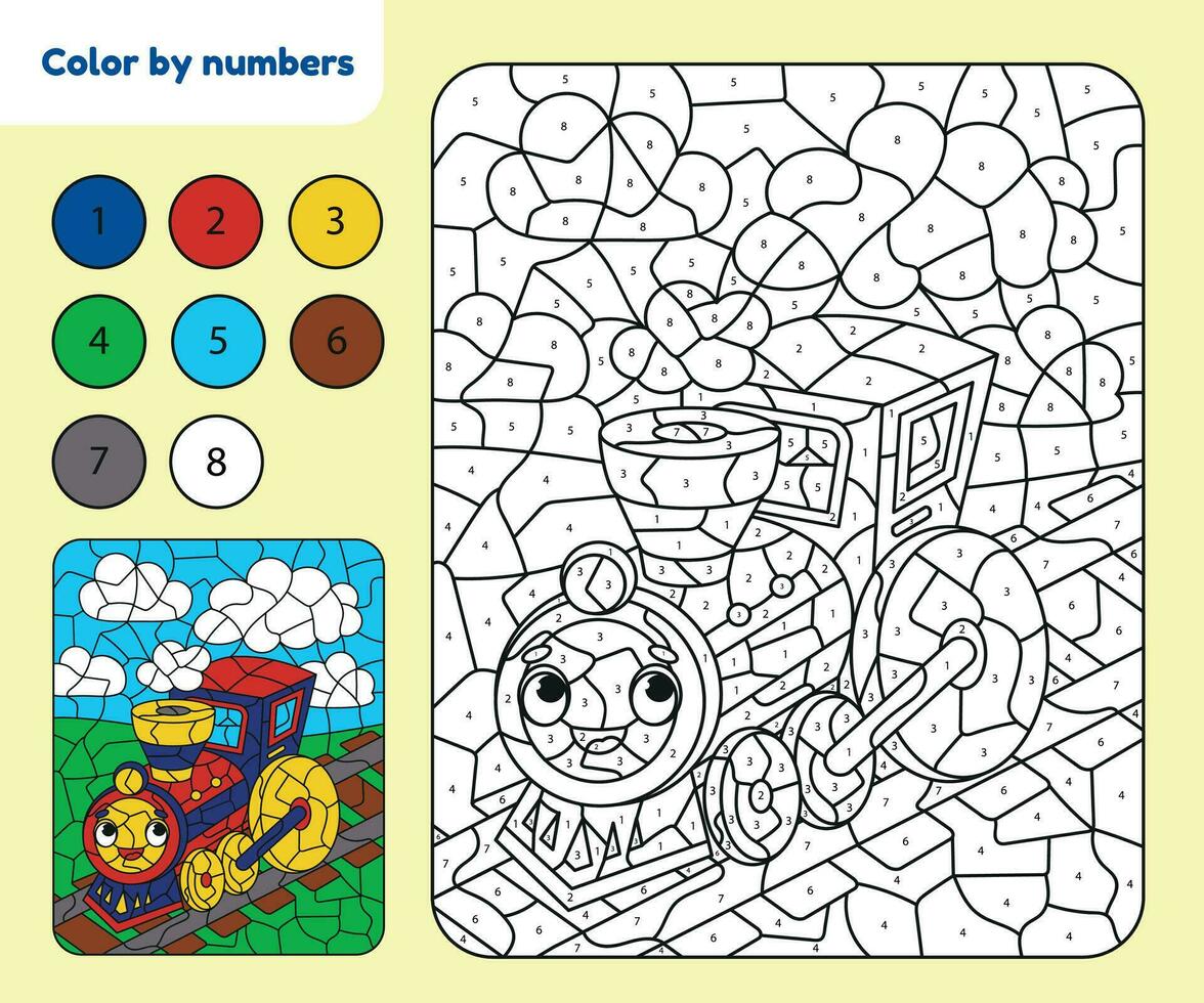 Funny little train character, kids coloring by numbers page. Coloring puzzle for children.Printable worksheet for kindergarten, preschool, elementary school, home .Vector illustration vector