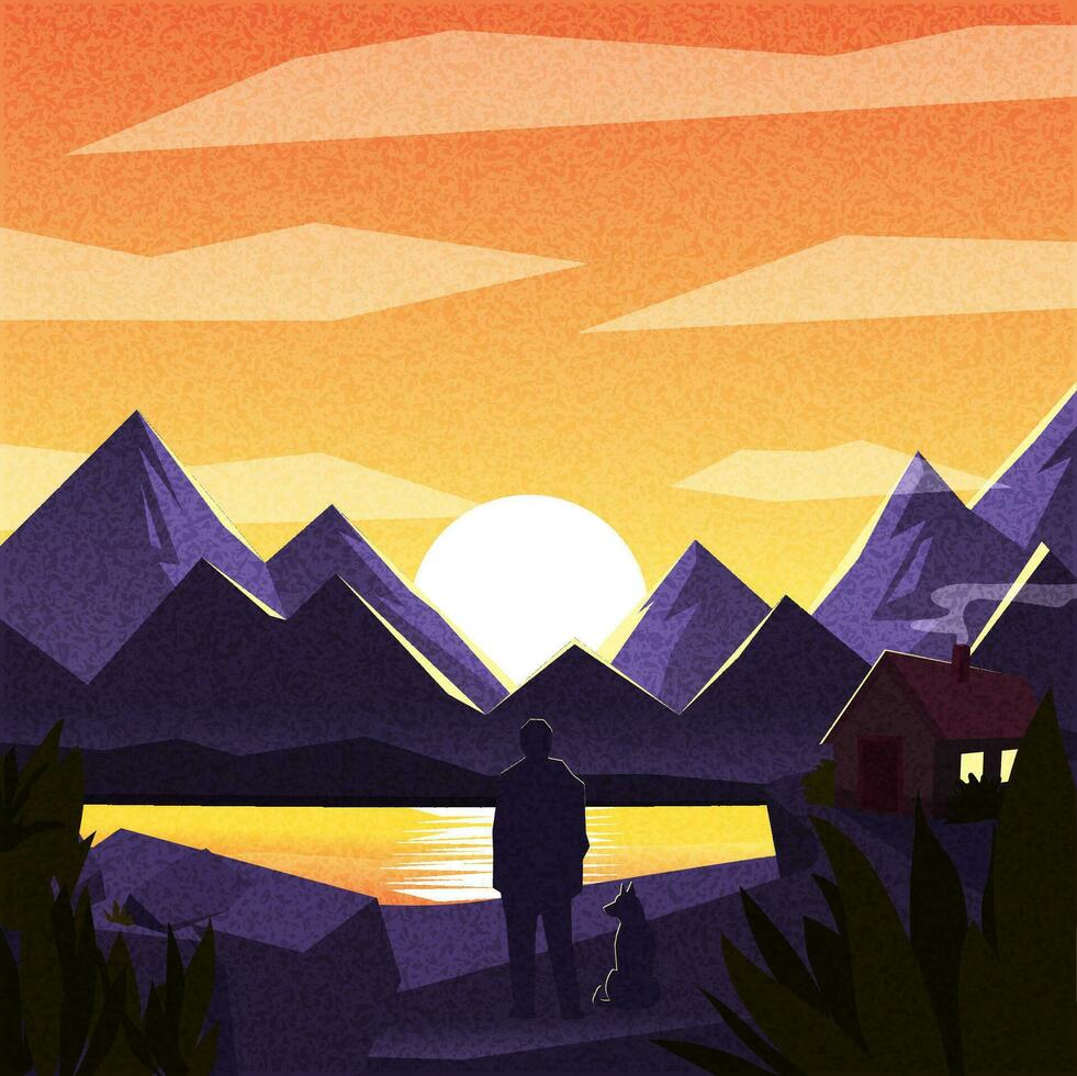 Silhouette of man and his dog enjoing beautiful calm sunset mountain landscape. Travelling, outdoor and life balance concept vector flat illustration for banner, flyer