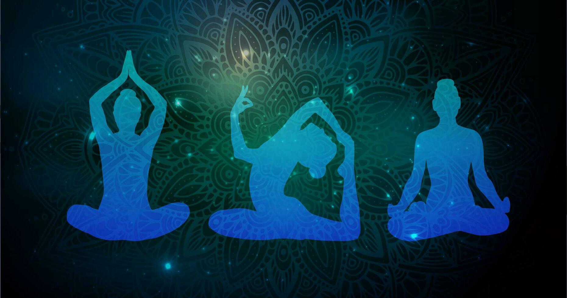 conjunto de yoga posa, aislado en galaxia antecedentes. siluetas de mujer practicando meditación. zen, atención plena y cuerpo cuidado concepto. yoga bandera, volantes. vector ilustración