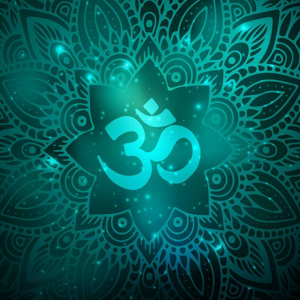 Sacred Hindu Om sign on space background with mandala frame and stars glow. Indian Diwali Spiritual symbol print. Vector illustration