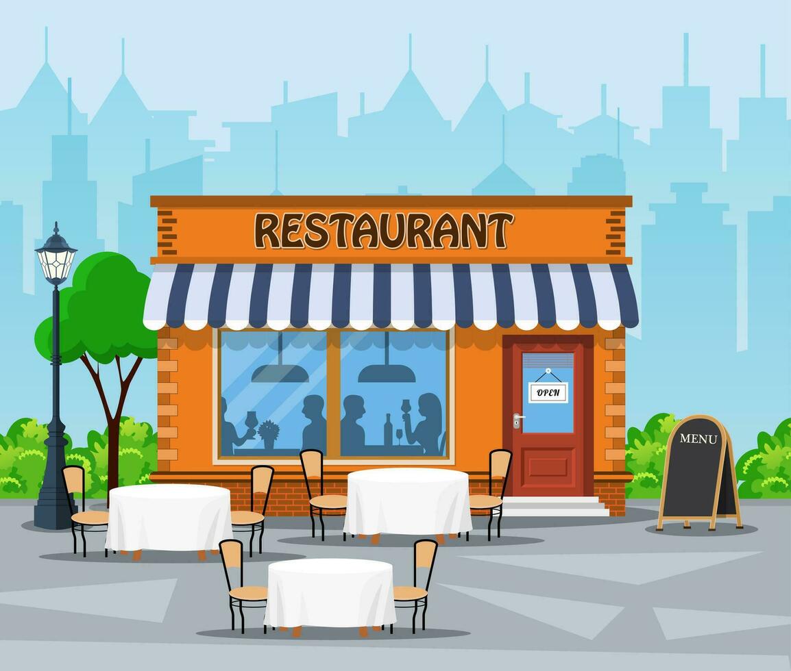 Facade of Restaurant building city background street. cafe bistro dinner coffee house concept. Vector illustration in flat style