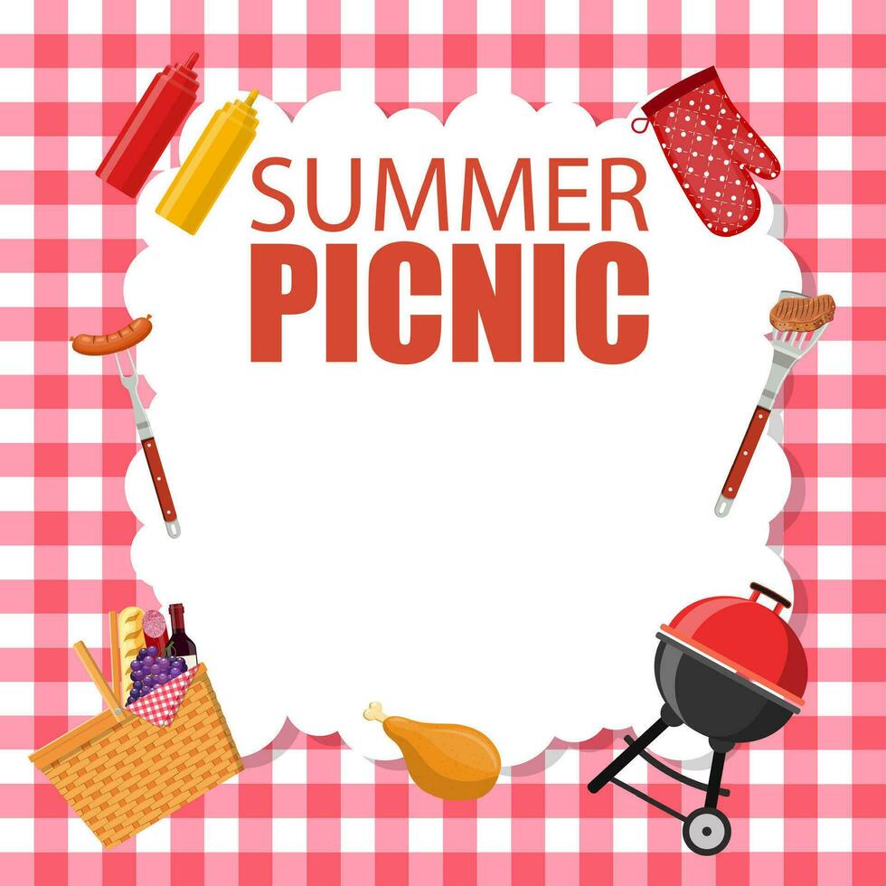 Picnic party invitation card. summer picnic design, invitation card, Banner, poster design template. Vector illustration in flat style