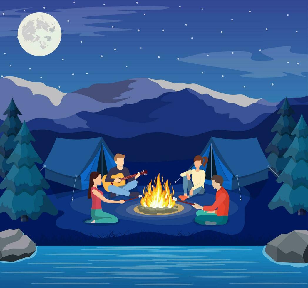 Group of young people are sitting around campfire. Young tourists, campers cartoon characters. Man playing guitar. Vector illustration in flat style