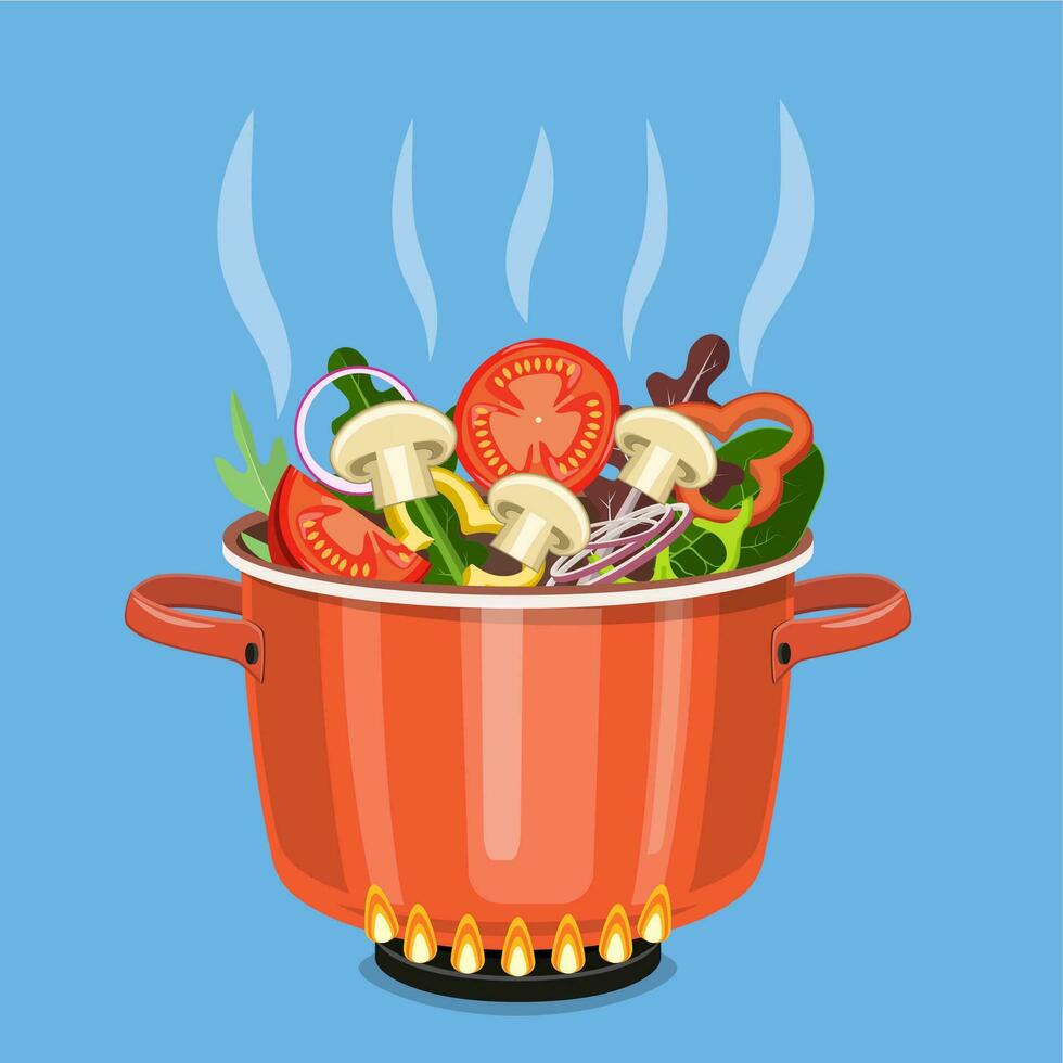 Cooking pot on stove with vegetables, vector