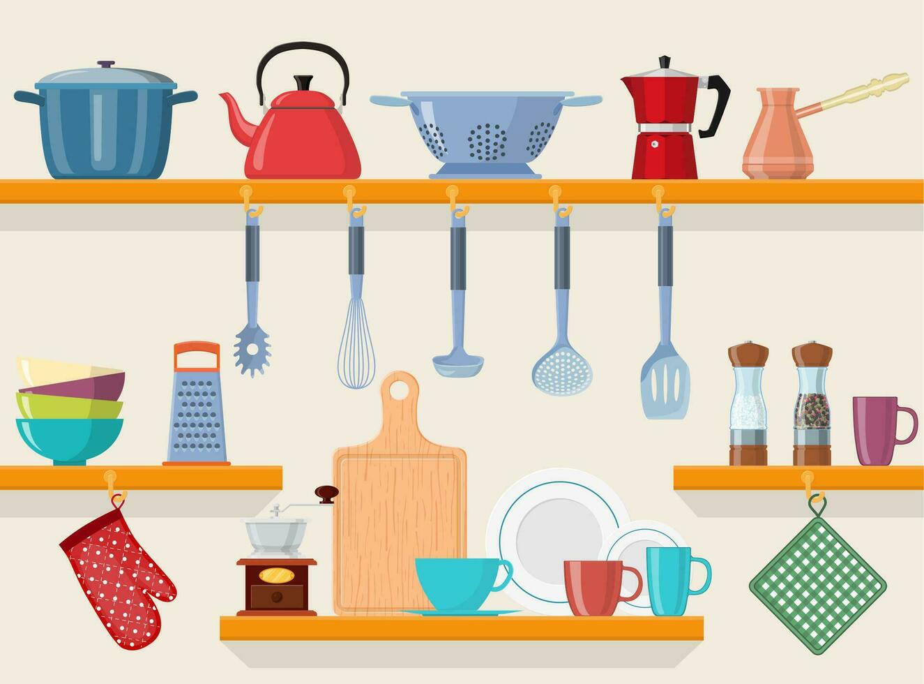 Kitchen shelves with tableware. Kitchen shelves with cooking tools and hanging pots. home interior. seamless pattern Vector illustration in flat style.