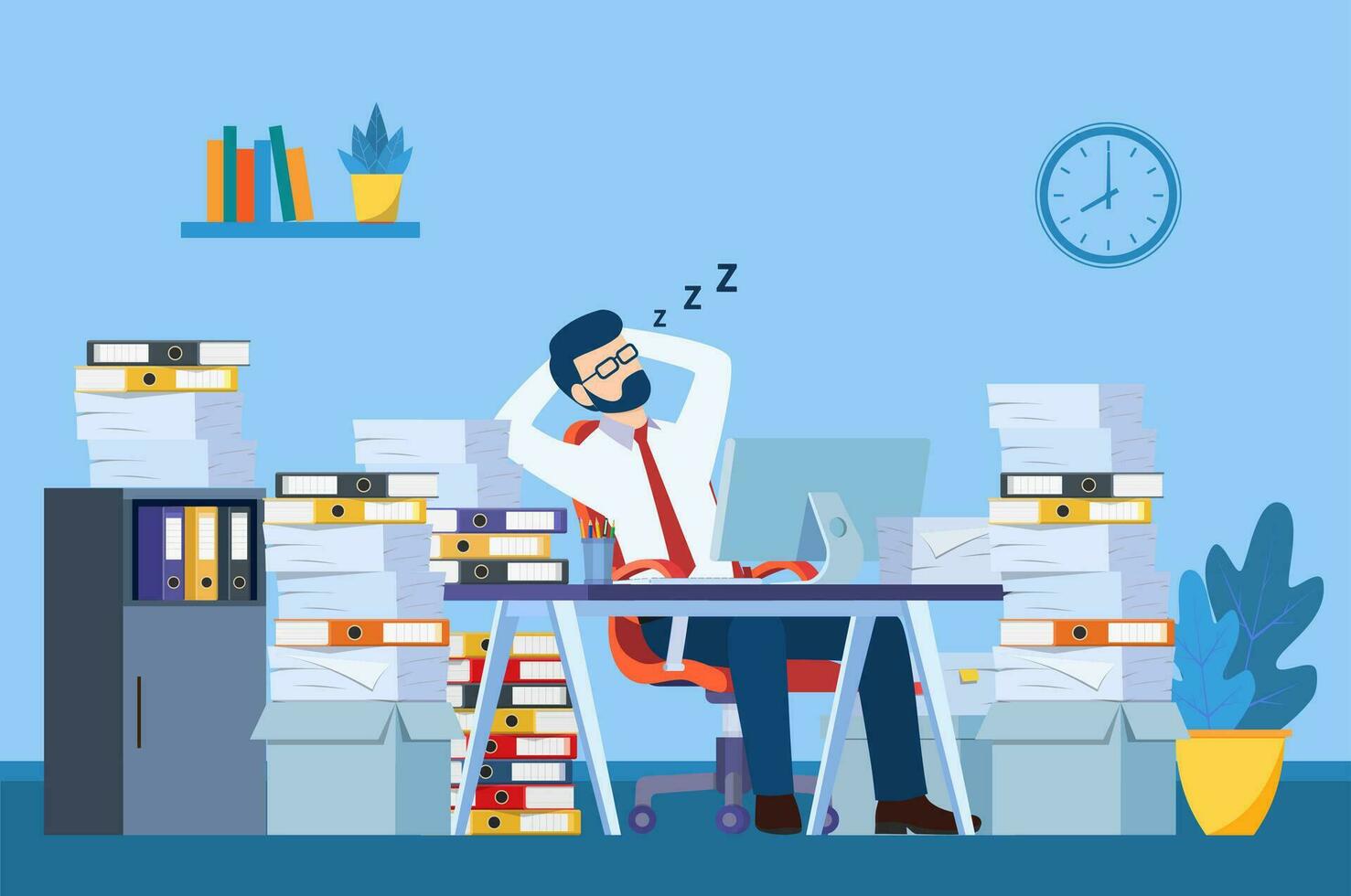 Business man is sleeping at his workplace desk during working hours with the piles of paper document around. Procrastinating and wasting time concept. Vector illustration in flat style