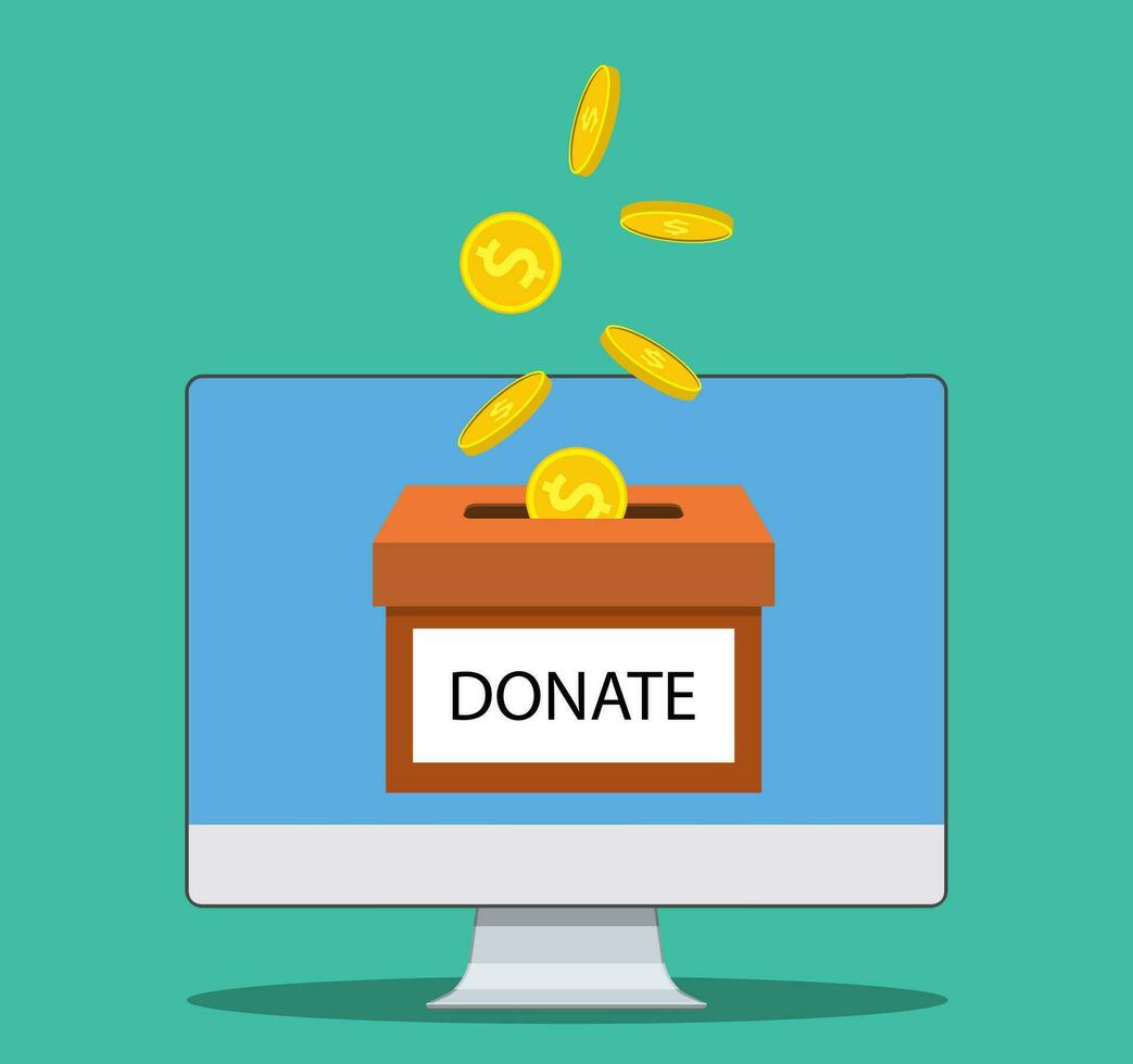 Donate online concept. Donate money with box Business, finance. coins depositing in a carton box. Vector illustration in flat style