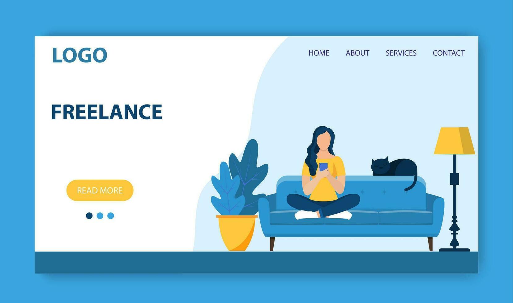Freelance work landing page template. Concept design for poster, banner, flyer, web page. Woman using phone sitting on the chair with crossed legs. Vector illustration in flat style