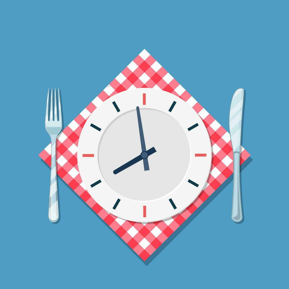 Plate with clock, fork and knife icon. Lunch time. Eating, nutrition regime, meal time and diet concept. Cutlery Kitchen concept restaurant menu. Vector illustration in flat style.