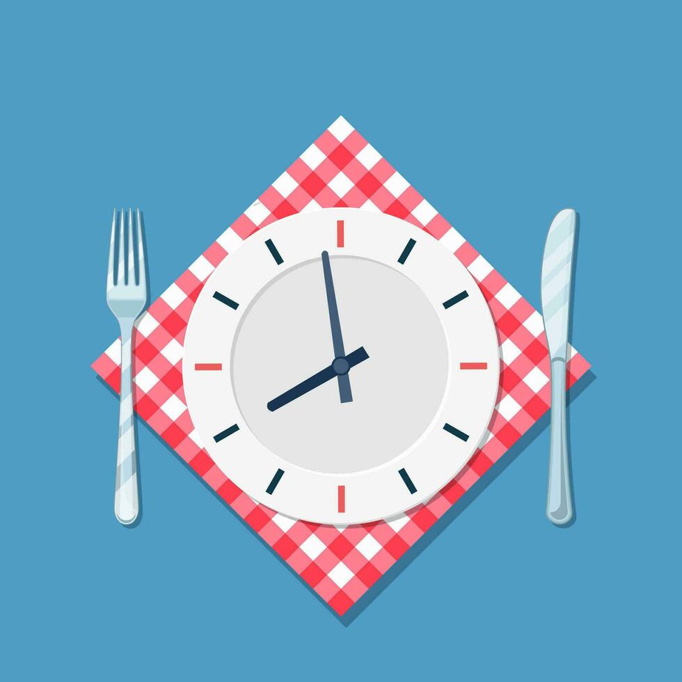 plato con reloj, tenedor y cuchillo icono. almuerzo tiempo. comiendo, nutrición régimen, comida hora y dieta concepto. cuchillería cocina concepto restaurante menú. vector ilustración en plano estilo.