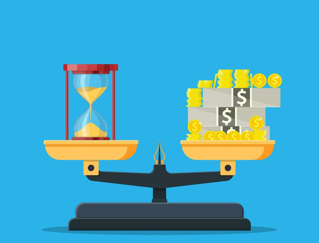 Scale weighing money and hourglass clocks. time is money, financial concept. Vector illustration in flat style