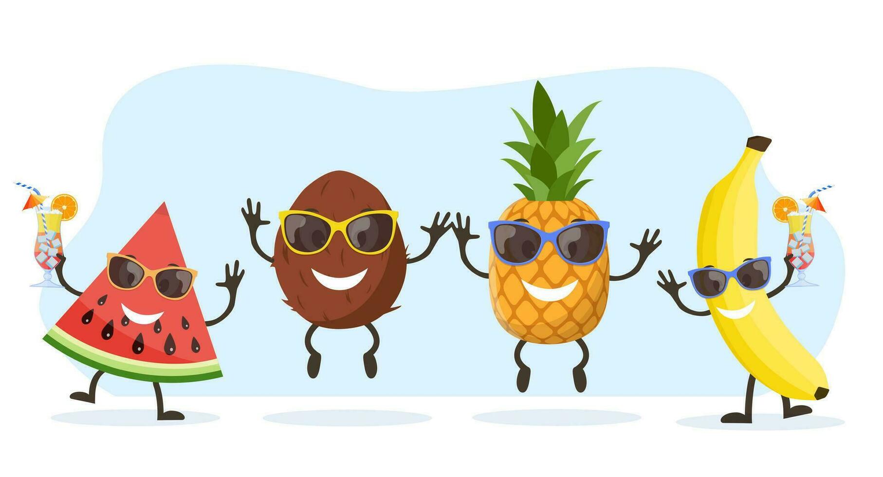 gracioso sandía, Coco ,banana y piña personaje con humano cara y cóctel vaso teniendo divertido a fiesta. vistoso verano diseño. vector ilustración en plano estilo