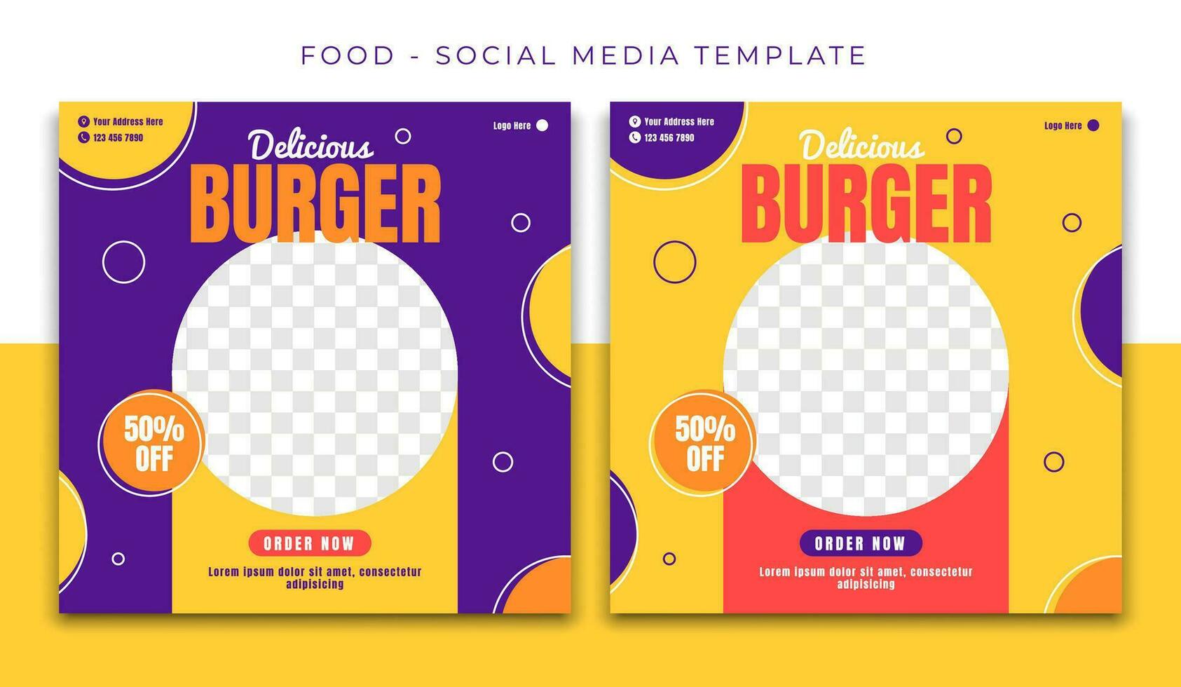hamburguesa comida púrpura amarillo social medios de comunicación enviar modelo diseño, evento promoción cuadrado bandera vector