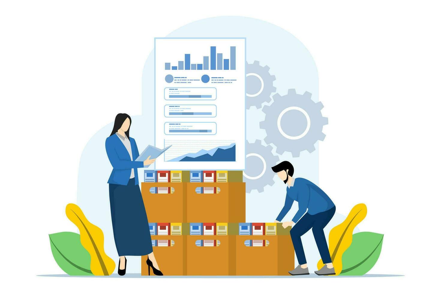 financial report concept, financial report, report preparation, person who audits financial report, accounting report. digital accounting, auditing and finance. Flat vector illustration on background.