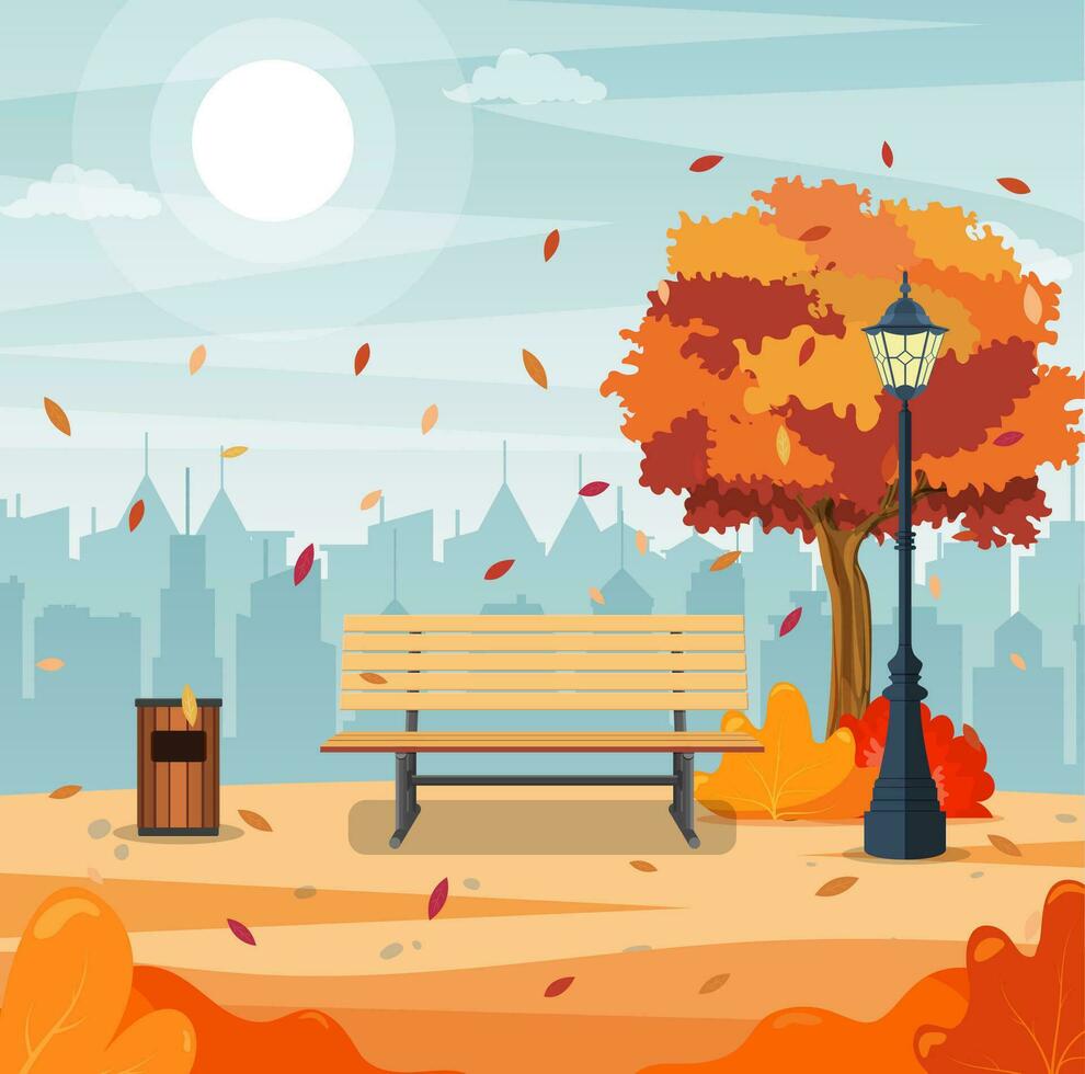 beautiful autumn city park with bench and town building background. Beautiful urban fall park for banner, poster, web. Vector illustration in flat style.