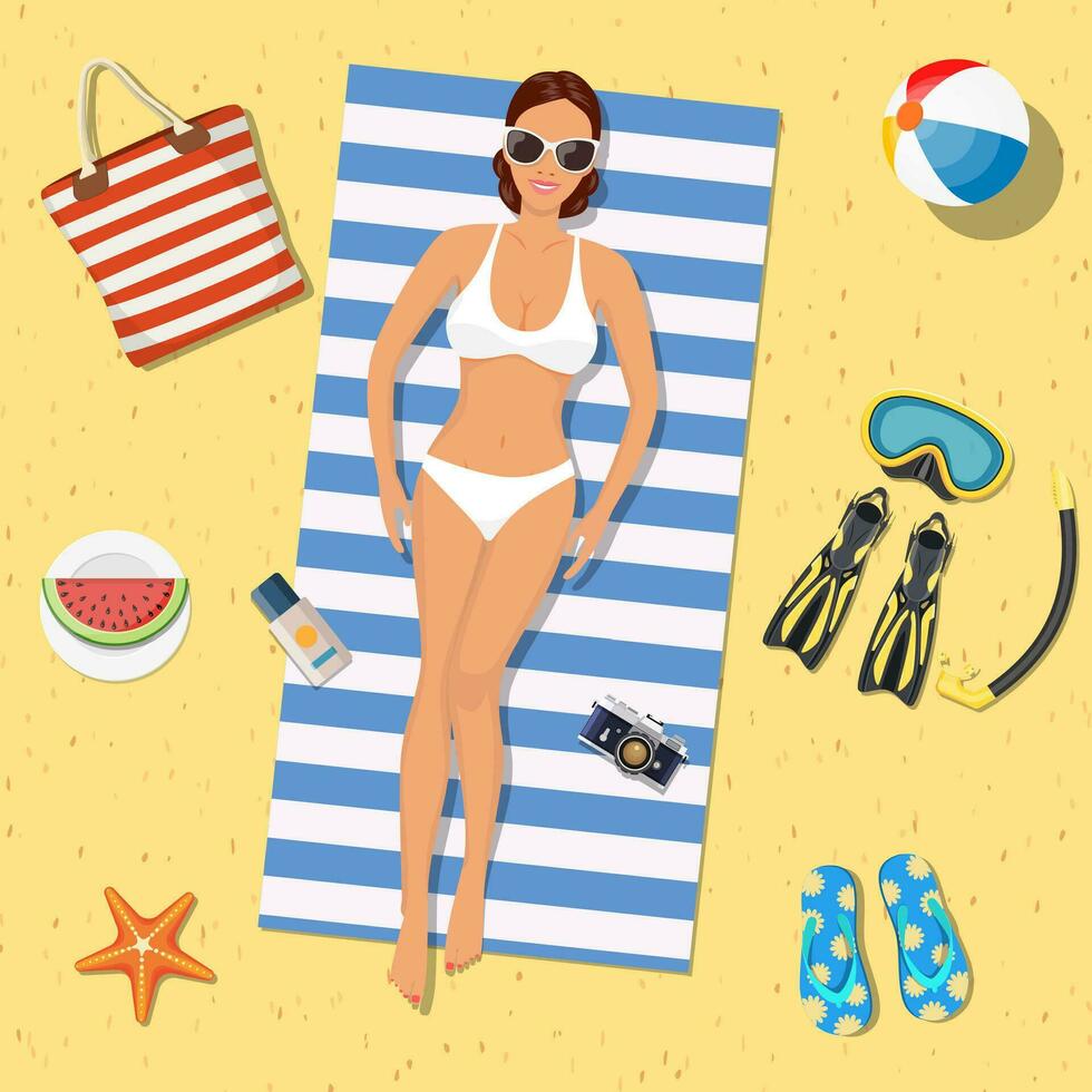 bonito niña es acostado en el playa. niña en el playa con un bikini. verano tiempo. hermosa mujer vistiendo acostado en el playa en un blanco y azul a rayas toalla. vector ilustración en plano estilo