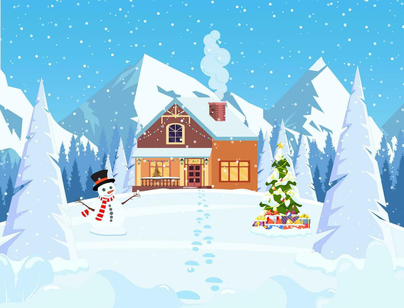 Suburban house covered snow. Building in holiday ornament. Christmas landscape tree, snowman. New year decoration. Merry christmas holiday xmas celebration. Vector illustration flat style