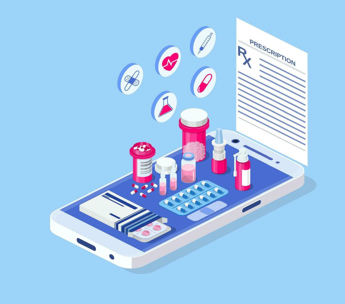 Healthcare, pharmacy and medical concept. Online phone with pills, capsules blisters, glass bottles, plastic tubes. Web banner landing page. 3d isometric design. Vector illustration in flat style