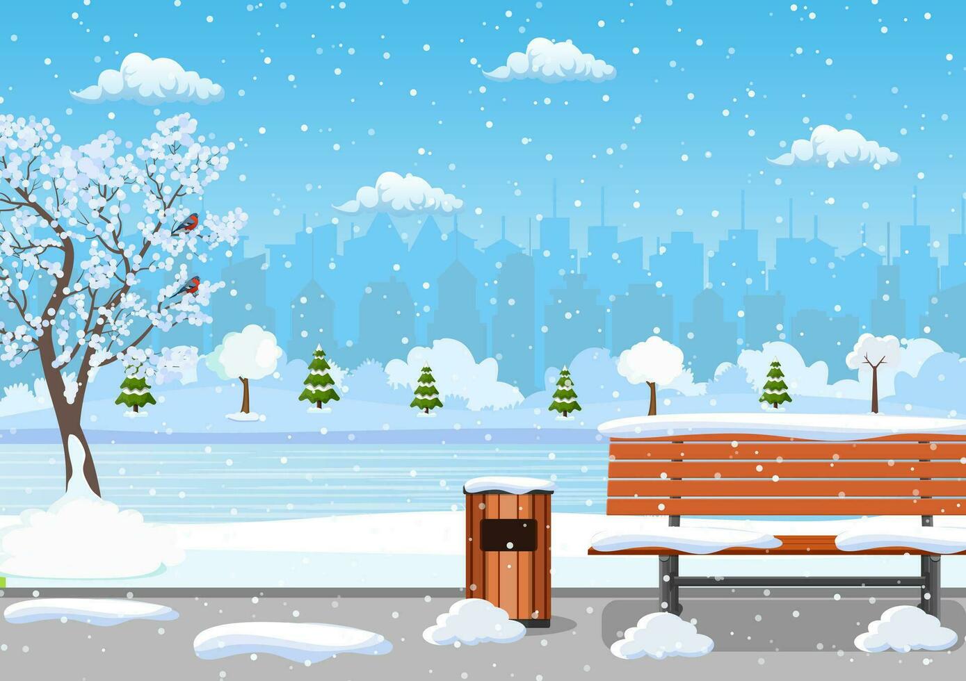 invierno día parque escena. nieve cubierto de madera banco con calle lámpara y basura poder. Navidad paisaje antecedentes con nieve y árbol. alegre Navidad día festivo. vector ilustración en plano estilo