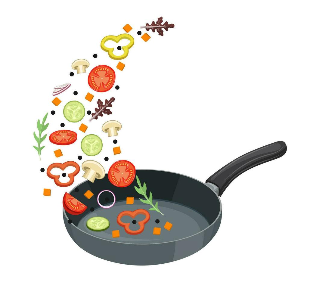 cooking pan with vegetables. Healthy food concept. Vegetables are flying out of the pan isolated on white background. Vector illustration in flat style